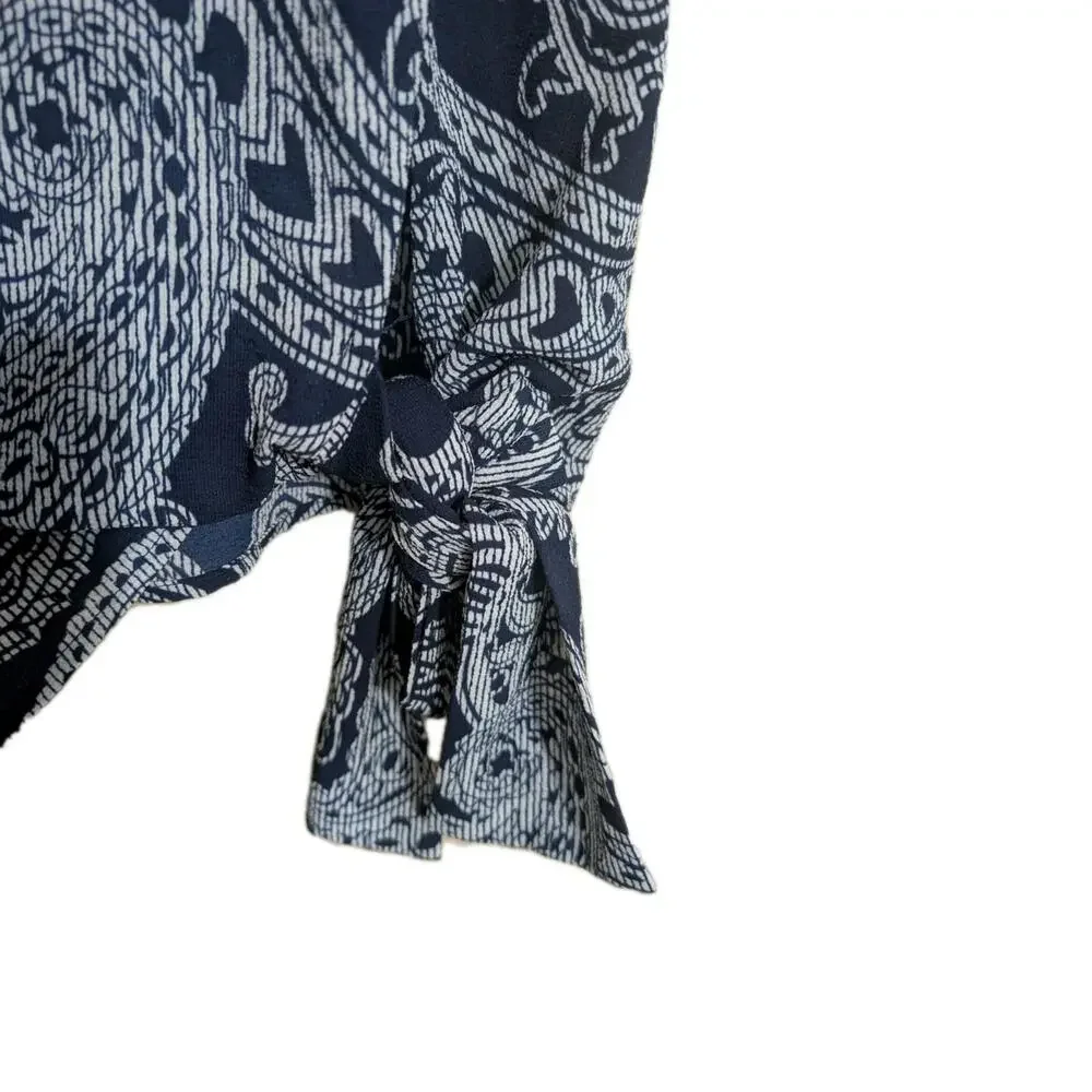 MICHAEL KORS Women’s Blue Paisley Print Side Tie Shirt Pleated Size‎ US Medium